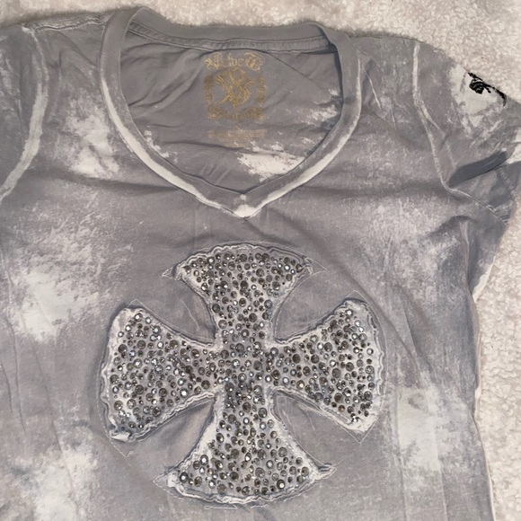 Velvet Stone gray rhinestone cross t-shirt small - Picture 4 of 7